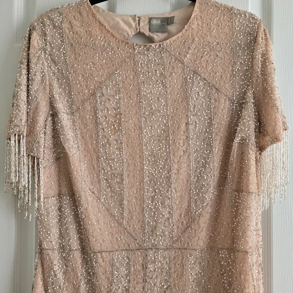 ASOS blush Nude Pink Silver Fringe Beaded Open Back Cocktail Party Mini Dress - Picture 3 of 11